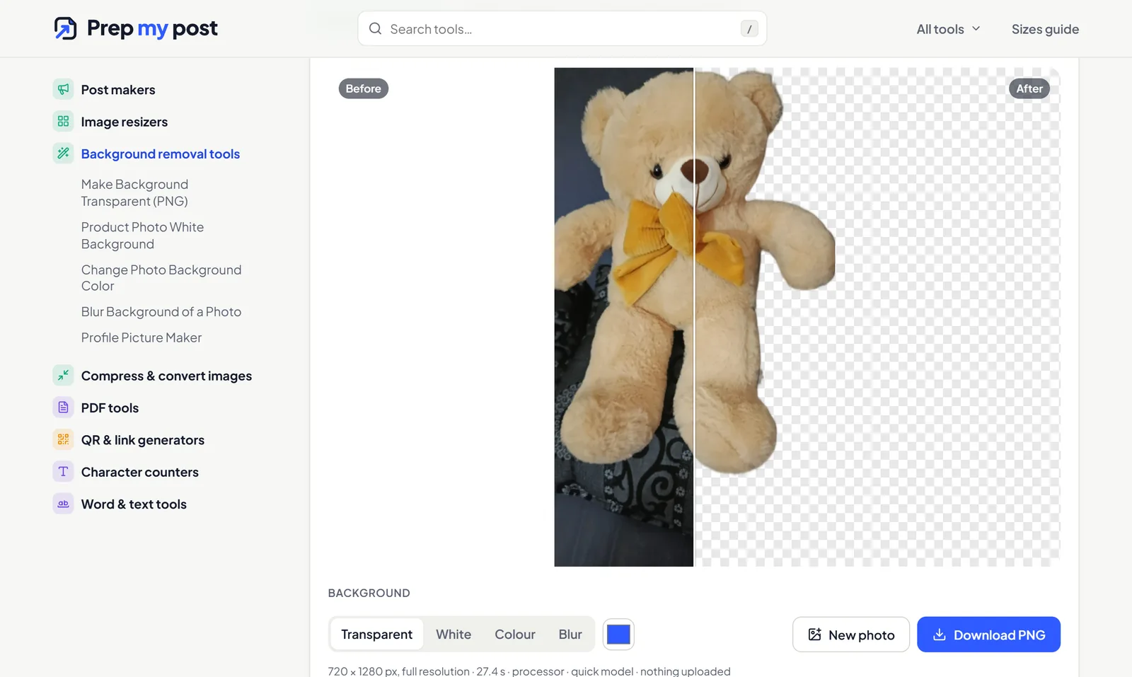 PrepMyPost background remover cutting out a product photo in the browser