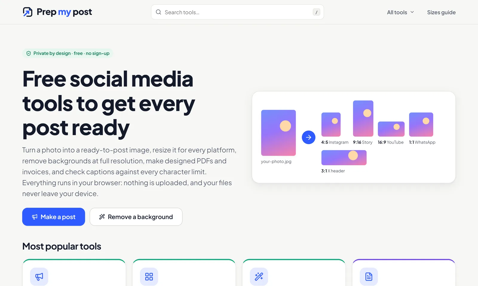 PrepMyPost home page with the most popular free tools