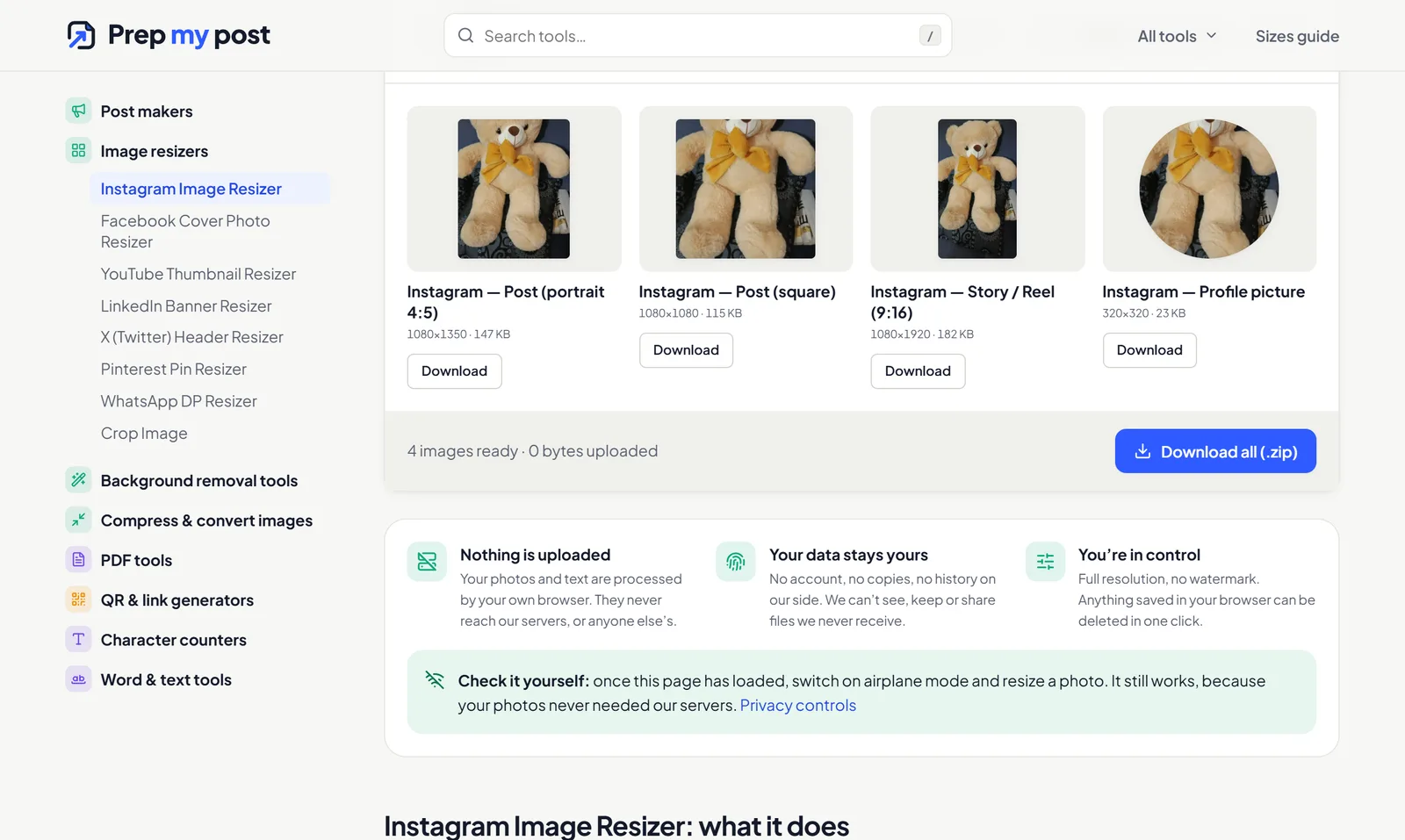 PrepMyPost image resizer exporting one photo to every platform size